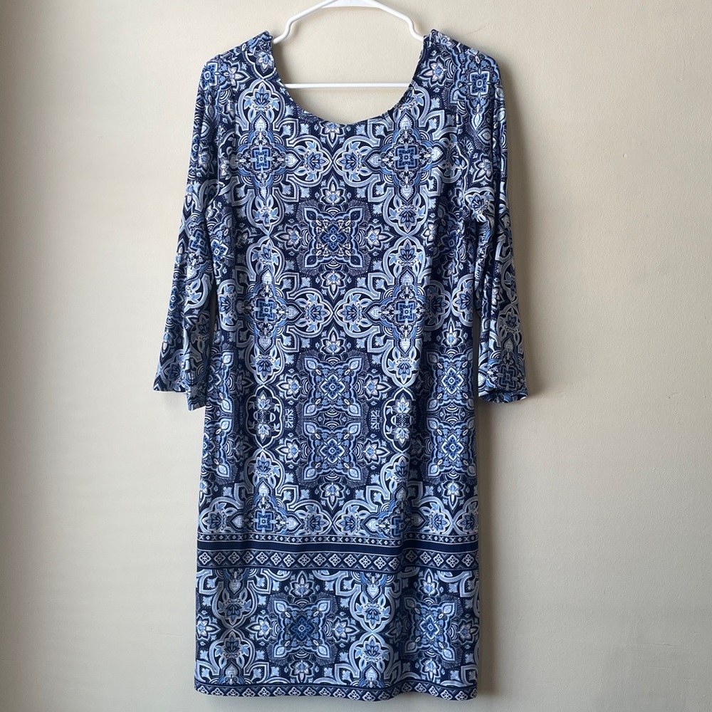Buttery Soft Good Apt. 9 Blue‎ and White Geometric Patterned Dress